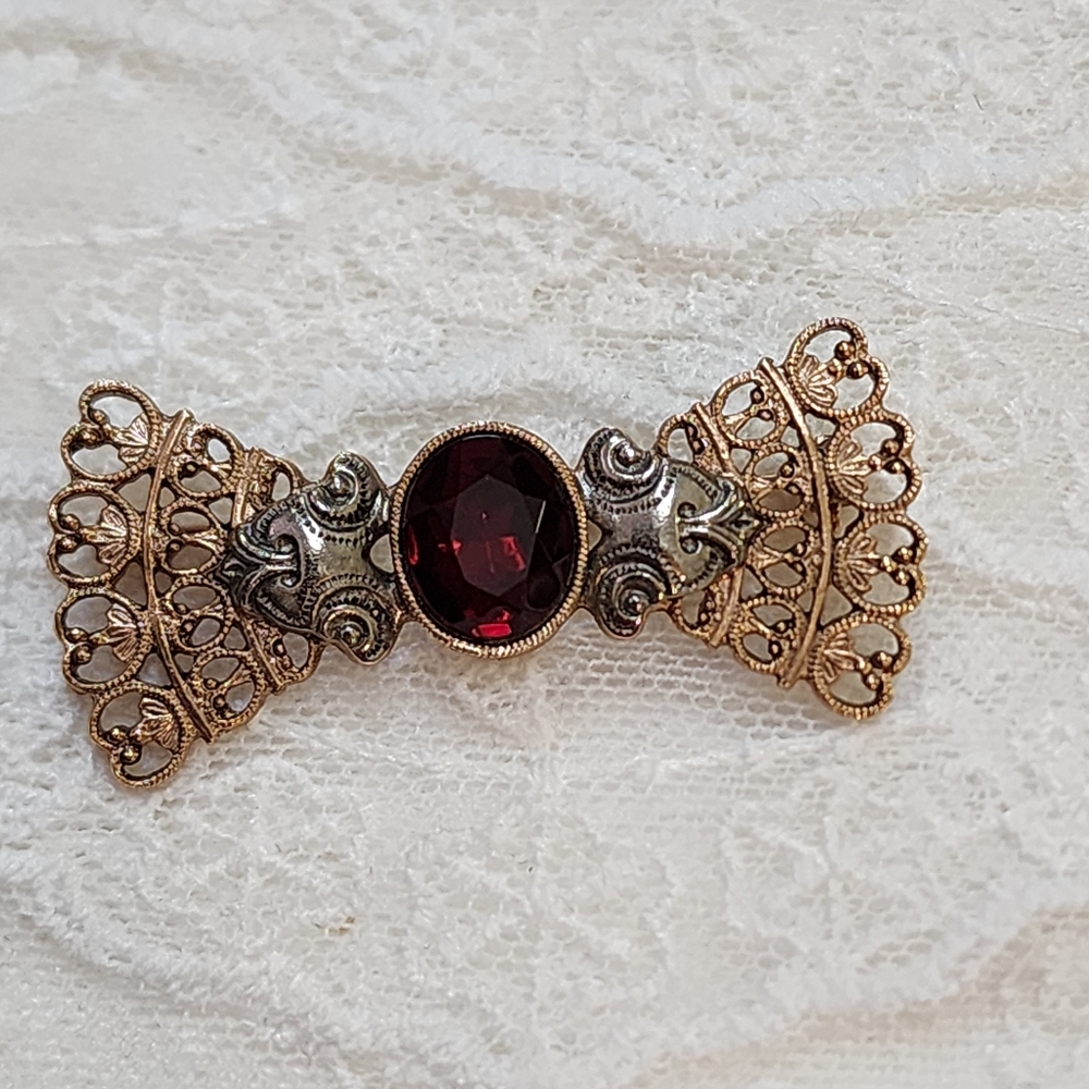 Vintage Glass Brooch Red Gemsone In Filigree Brass and Silver Tone Setting